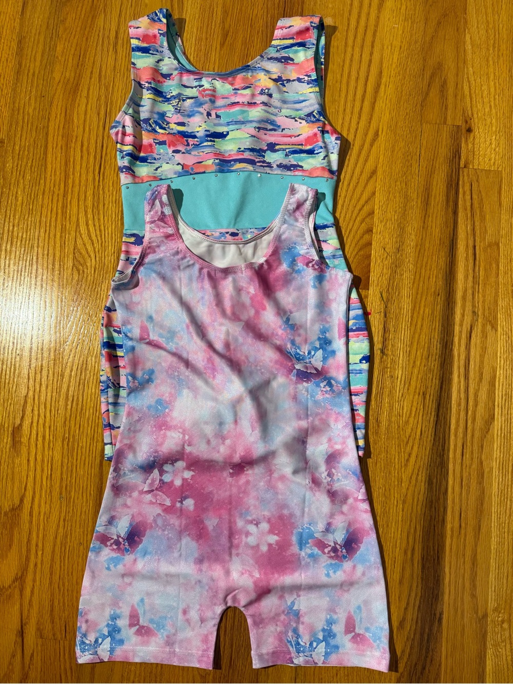 NWOT 2 girls' pink tie-dye gymnastics leotard shorts